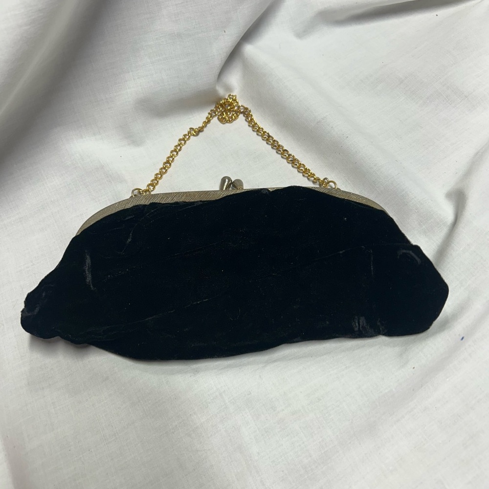 Vintage Black Velvet Purse Gold Color Strap 1960s Evening Bag - Picture 2 of 10